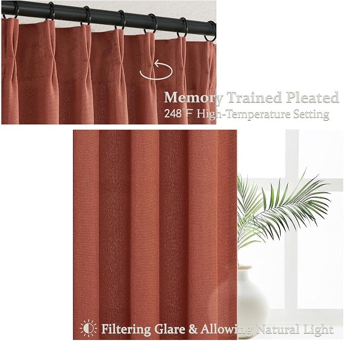 Pinch Pleated Burnt Orange Semi Sheer Curtains 102 Inches Long 2 Panels Set for Dining Room, Petty Natural Thick Linen Light Filtering Triple Pleat Aesthetic Curtain with Back Tab 40"W x 102"L Length