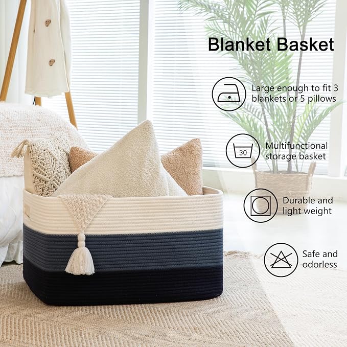 OIAHOMY 108L Super Large Blanket Basket, 25”x16”x16” Rectangle Woven Baskets for Storage, Cotton Rope Basket For Living Room, Toy Storage with Handle - Gradient Blue