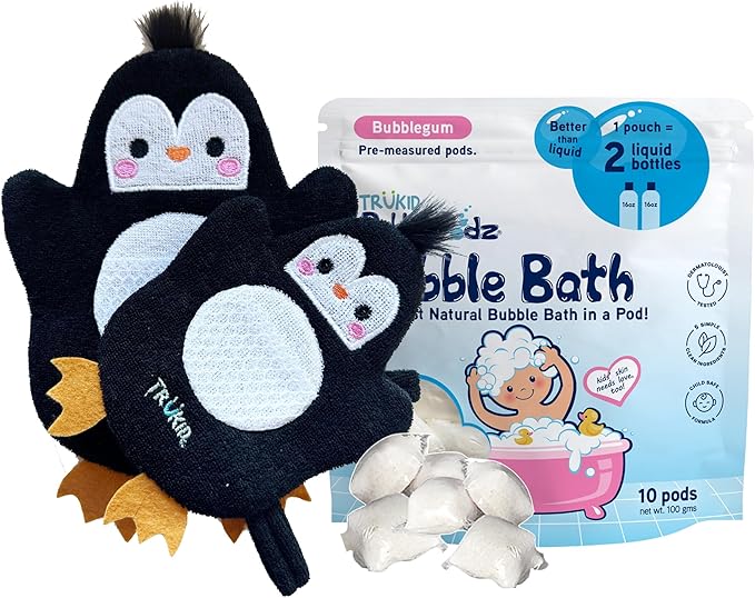 TruKid Bubble Gum Bubble Podz & BubbleGlove Set – Bubble Bath Pods and 2 Wash Gloves for Parent and Child