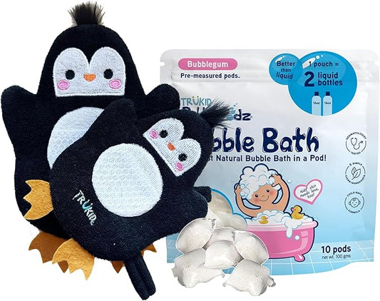 TruKid Bubble Gum Bubble Podz & BubbleGlove Set – Bubble Bath Pods and 2 Wash Gloves for Parent and Child
