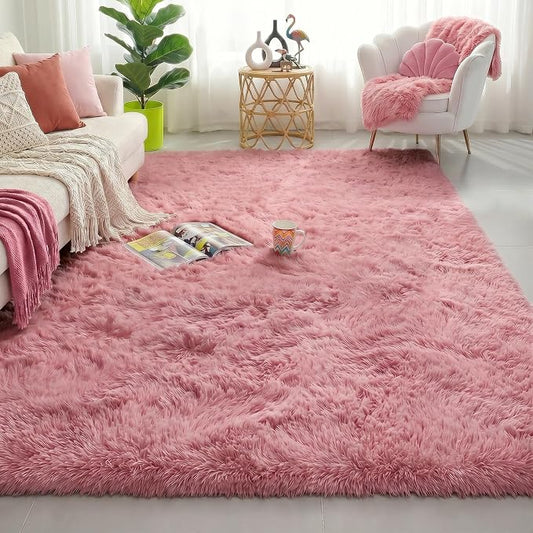 Amdrebio Blush Pink Kids Area Rugs for Girls Bedroom, 5x8 Shaggy Fuzzy Fluffy Kawaii Rugs for Living Room Playroom, Furry Plush Shag Floor Carpet for Nursery Dorm Classroom, Cute Dusty Rose Mauve Rug