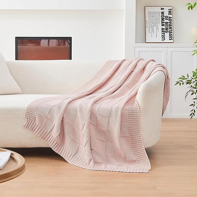 CozeCube Pink Knitted Checkered Throw Blanket 50"X60" | Check Knit Throw for Couch, Decorative Christmas Soft Cozy Warm Blanket for Bed Sofa Living Room
