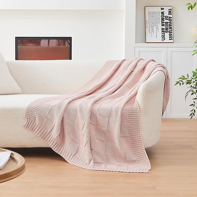 CozeCube Pink Knitted Checkered Throw Blanket 60"X80" | Check Knit Throw for Couch, Decorative Christmas Soft Cozy Warm Blanket for Bed Sofa Living Room