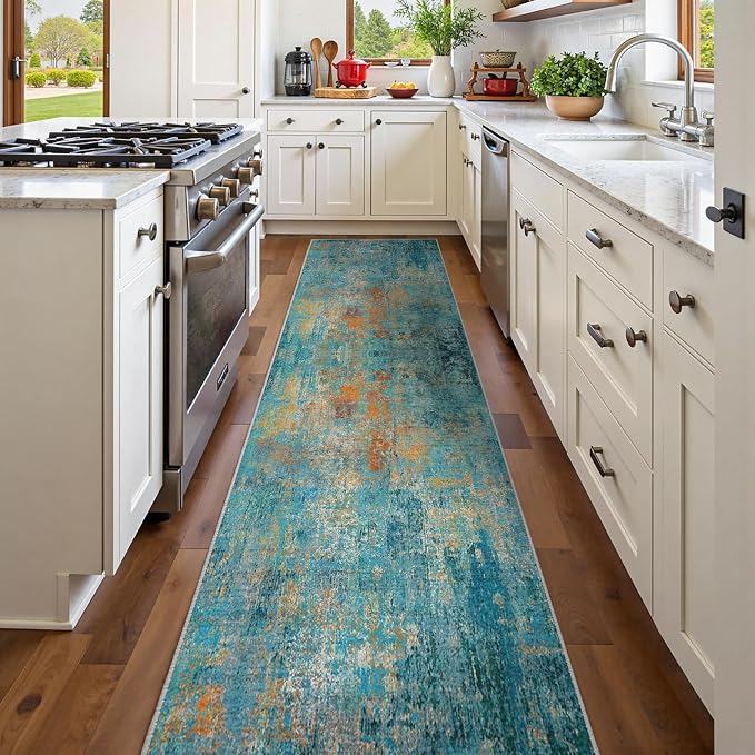 RELEANY Washable Runner 2'x10' Abstract Area Rug for Hallway Teal Multi | carpet for kitchen, entryway, bathroom, living room, bedroom, printed pattern, non-slip, soft, stain-resistant, easy to clean