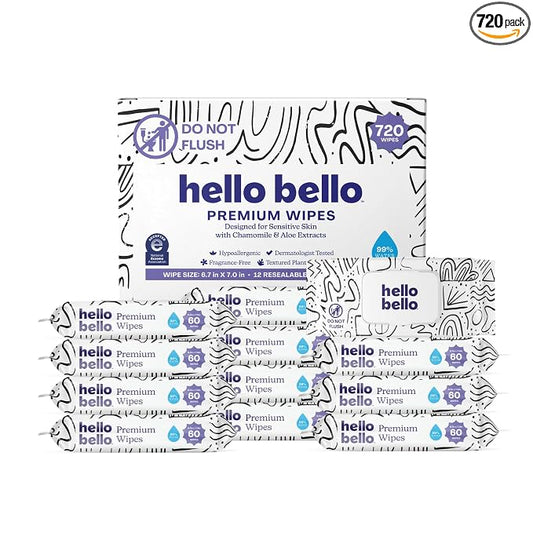 Hello Bello Premium Wipes, Designed for Sensitive Skin with Chamomile & Aloe Extracts, Playful Sketches (12 Resealable Packets = 720 Total Wipes)
