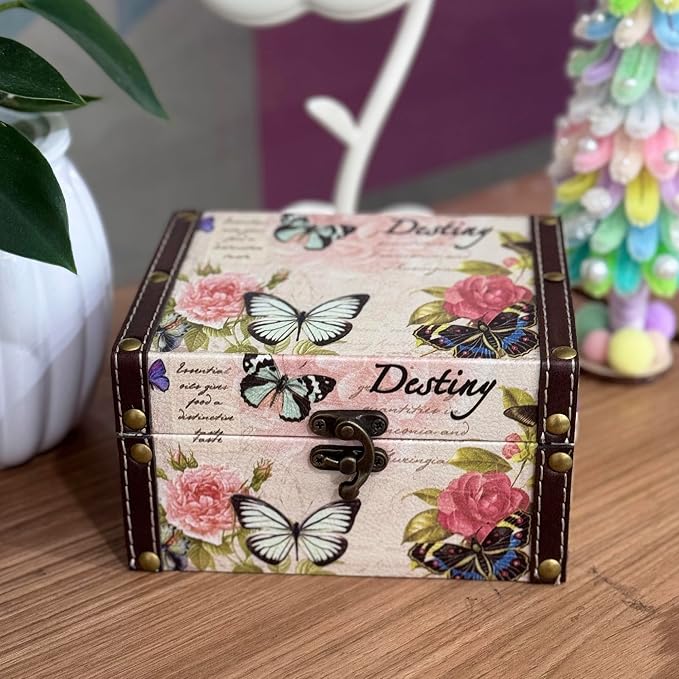 Butterfly Jewelry Box Pink Wood Treasure Chest for Women Girls | Storage Decorative Box for Jewelry Trinkets Photos Gifts Decorative Keepsake Box Home Decorations