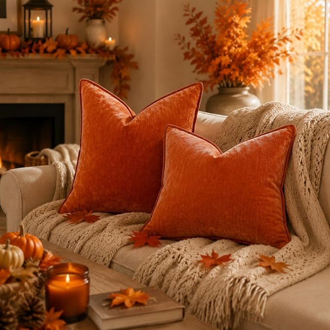 decorUhome Chenille Rust Velvet Throw Pillow Covers 20x20 Set of 2 | Fall Soft Couch Decorative Modern Farmhouse Pillow Cases with Elegant Design for Sofa Bed Living Room Home Decor