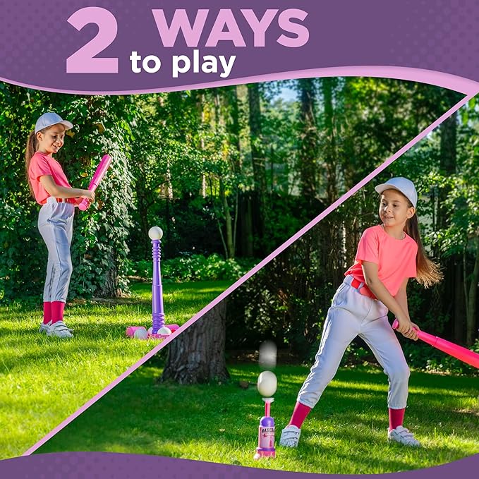 TOMLEON T Ball Stand for Kids and Toddlers 1-3, 3-5, 5-8. Baseball Set Includes 6 Large Balls, an Adjustable Tball Batting Tee, and a Pitching Machine. Kids Bat and T-Ball Set