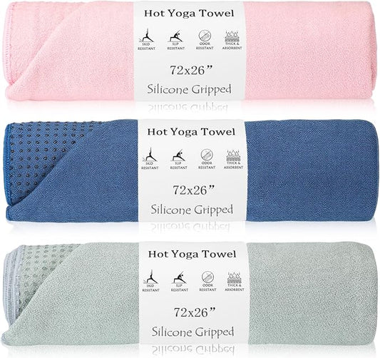 Hahafelt 3 Pack Hot Yoga Towel Non Slip 72" x 26" Extra Large Microfiber Yoga Mat Towel with Grip Dot Absorbent Sweat Anti-Slip Mat Cover for Pilates Fitness (Morandi Pink Blue Green)
