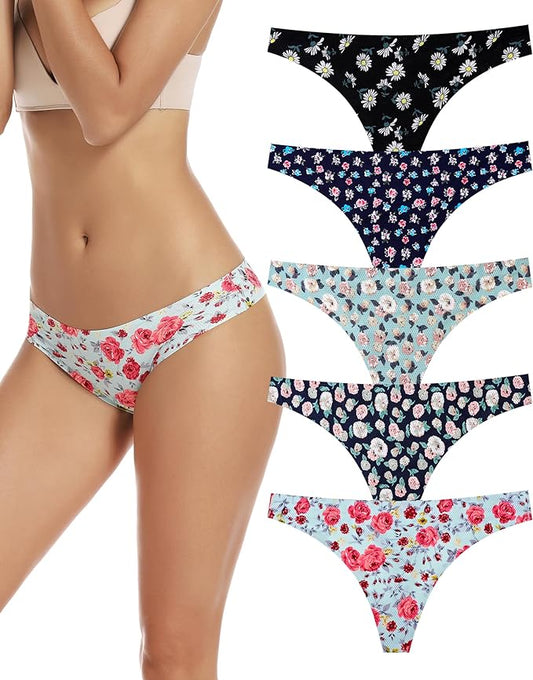 voenxe Seamless Women Underwear Thongs,No Show Ladies Thong,No Line Workout Breathable Comfortable Panties,Soft Undies,5-Pack