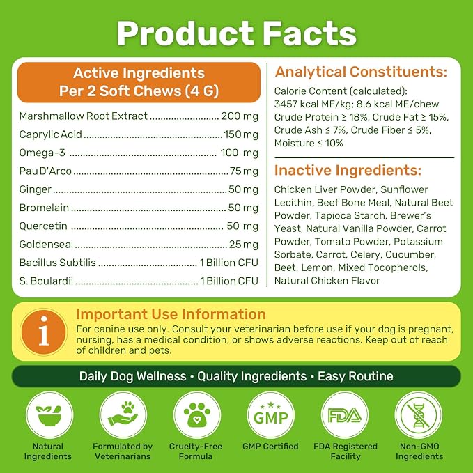 Puyrzoe Yeast Infection Treatment for Dogs, Itchy Skin, Paw Licking, Ear Odor & Allergy Relief, Natural Dog Yeast Infection Treatment, 200 Soft Dog Yeast Treatment Chews with Probiotic, Chicken Flavor