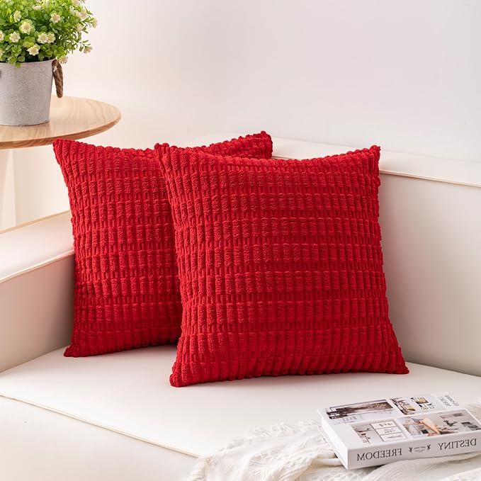 Aegero Pack of 2 Corduroy Decorative Throw Pillow Covers 22x22 Inch, Red | Fall Soft Striped Pillow Covers Modern Farmhouse Home Decor Christmas Throw Pillow Covers for Sofa Living Room Couch Bed