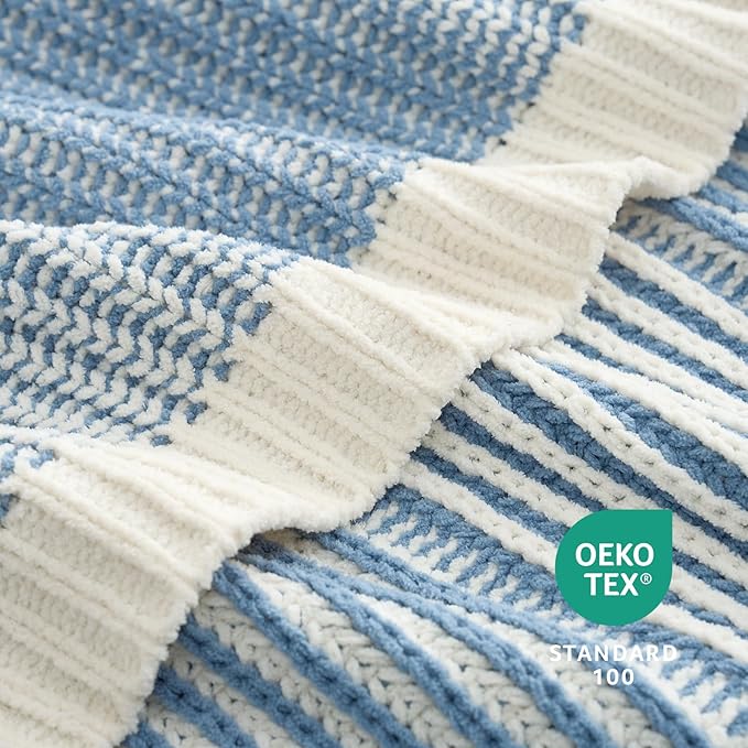 Amélie Home Premium Chenille Throw Blanket, Soft Cozy Luxury Two-Tone Knit Blanket for Couch, Sofa, Chair, Home Decor, Blue & Ivory 50"x60"