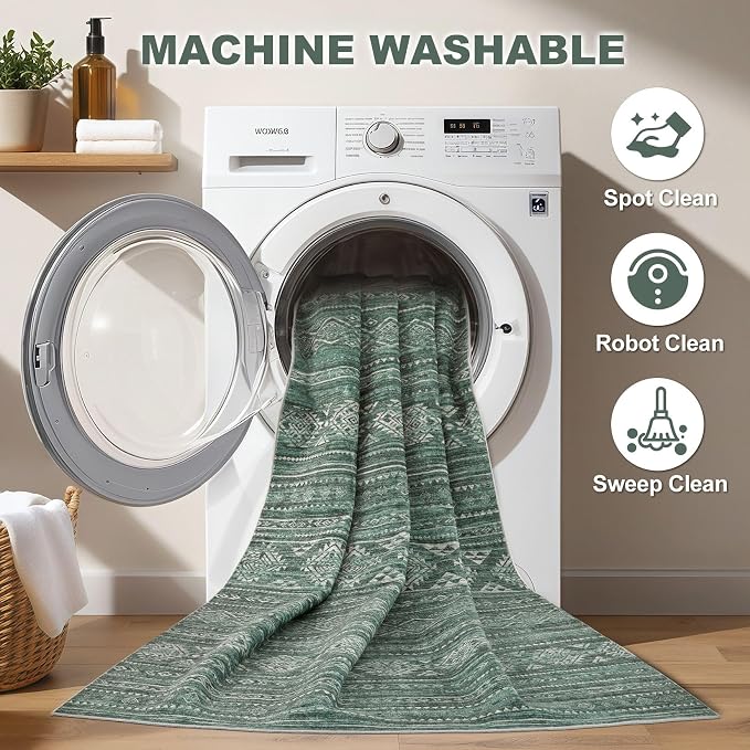 Nakagishi Boho 5x7 Area Rug Living Room Rugs Machine Washable Green | Soft, Pet & Kid Friendly, Carpet for Living Room/Bedroom/Office/Kitchen/Nursery, Daily Home Decor Stain Resistant Moroccan