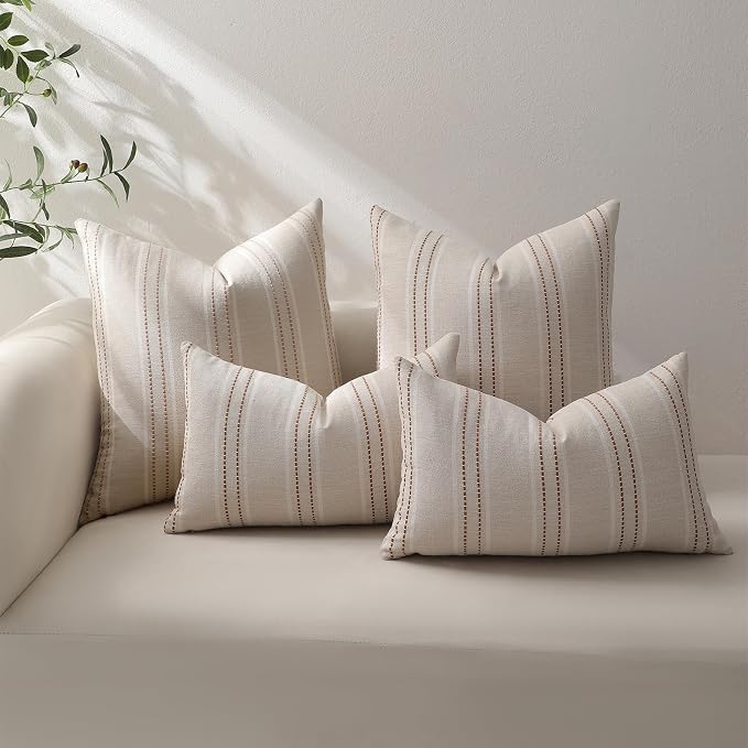 Hckot Rust Throw Pillow Covers 20x20 Set of 2 Striped Fall Pillow Covers Textured Linen Decorative Pillows Square Cushion Covers for Sofa Couch Bed Living Room Farmhouse Decor(Caramel)