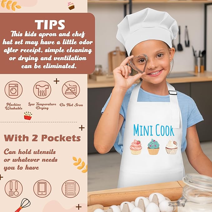 R HORSE Kid Apron and Chef Hat Set - 2Pcs White Mini Cook Adjustable Children Kitchen Toddler Apron for Girls Boys, Funny Dress up Pretend Play Toy Birthday Gift for Kids Cooking Baking Painting