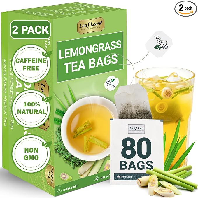 LeafLea Premium Lemongrass Herbal Tea Bags, Digestion Support, 80 Count | Natural Lemongrass Leaves, Te De Limoncillo, Light & Soothing Taste, Caffeine-Free, Sugar-Free, Vegan, Individually Wrapped