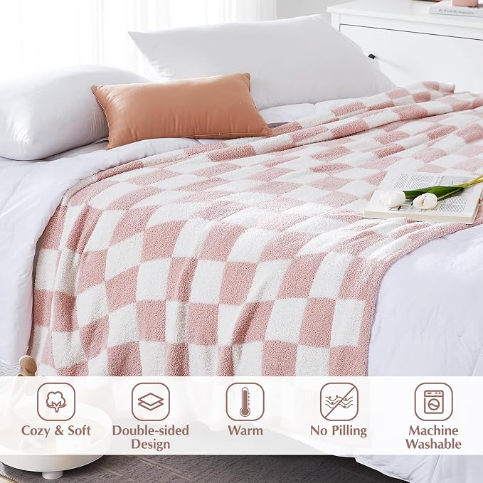 Soft Checkered Throw Blanket for Couch-Cozy Warm Knitted Blankets | Lightweight Warm Fluffy Decor for Women, Mom, Her & Girls, Sofa, Chair, Bed, 50x60in,Pink