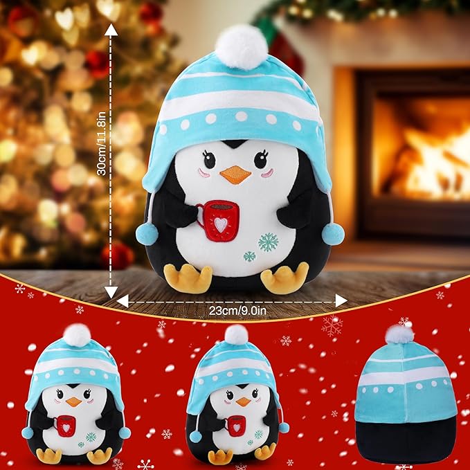 Christmas Penguin Plush Toy: 8-Inch Cute Penguin Stuffed Animal with Striped Knit Hat Soft Christmas Plushie Pillows Winter Holiday Decor Gifts for Kids and Adults