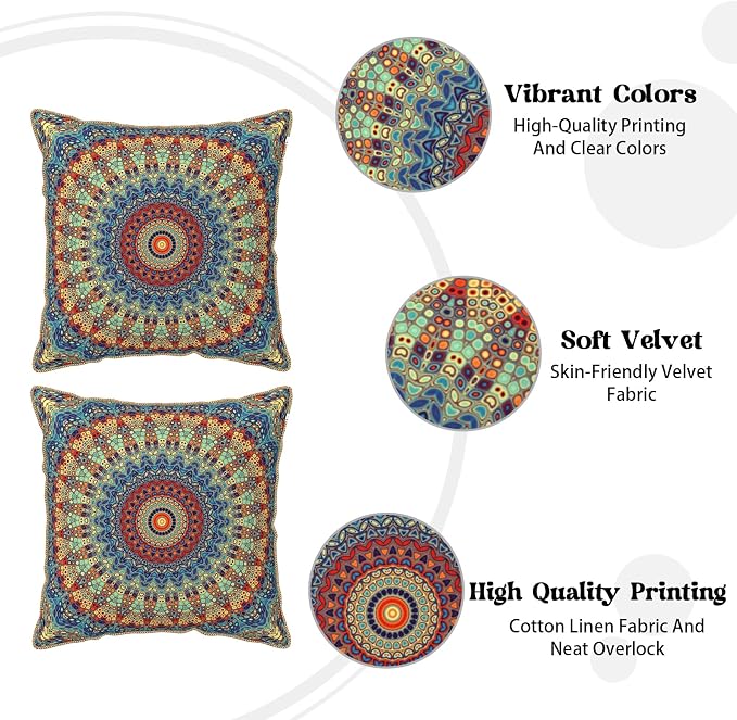 KSLIDS Boho Mandala Floral Soft Velvet Throw Pillow Covers Set of 2 Navy Blue Orange Flower Decorative Pillow Covers 16x16 Inch Abstract Retro Pillow Case for Sofa Couch Outdoor Modern Home Decor