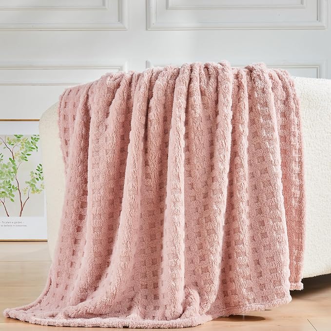 NEWCOSPLAY 3D Waffle Checkered Flannel Twin Blanket, Pink, 60"x80" | Super Soft Cute Lightweight Decorative Premium Silky Fleece Blanket for Couch Sofa Bed, Gift for Women Men, All Season Use