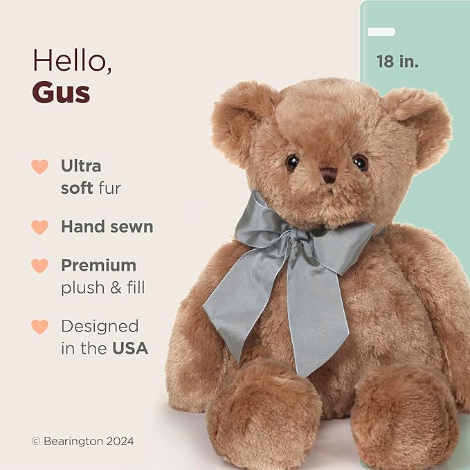 Bearington Collection Gus 18-Inch Brown Teddy Bear Plush Toy - Teddy Bear Stuffed Animal for Baby