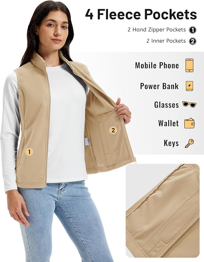 TACVASEN Women's Fleece Vest Lightweight Sleeveless Zip Jacket Outerwear | Soft Polar,Zipper Pockets,Stand Collar,Fall Winter Warm,Outdoor,Athletic,Running,Hiking,Travelling,Golf,Work