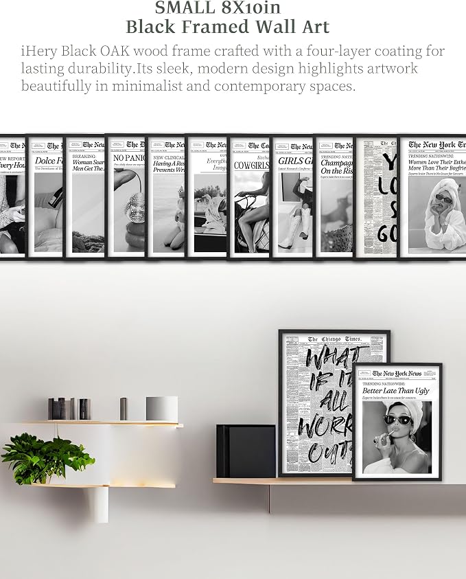 iHery 8x10in Cowgirls Go Coastal Framed Newspaper Wall Art | Premium Black Natural OAK Wood Frame with Canvas Print, Western Horseback Decor for Bedroom, Dorm, Living Room 1Pack