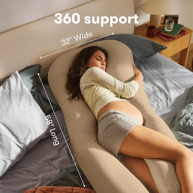 Frida Mom Full Body Support Pregnancy Pillow, Cooling Pregnancy Pillow, Wraps Around for All Over Support, Extended Length to Support from Head to Toe, Easy to Clean, Compact Storage Bag, Taupe