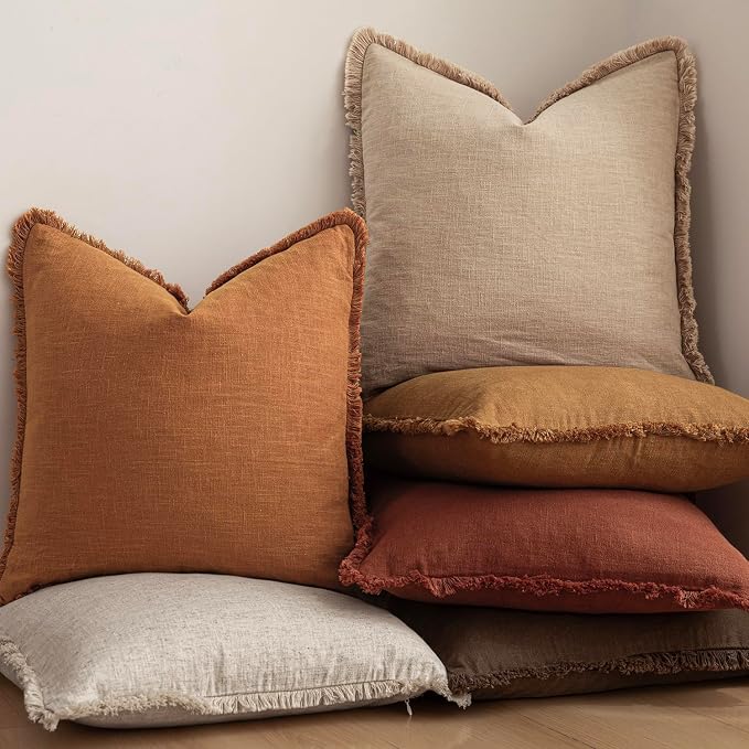 Foindtower Set of 2 Decorative Linen Fringe Lumbar Throw Pillow Covers Boho Farmhouse Cushion Cover with Tassels Soft Accent Pillowcase for Couch Sofa Bed Living Room Home Decor,12×20 Inch,Orange