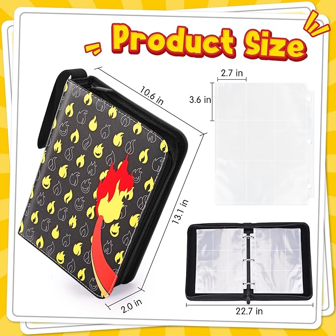 Card Binder – 9 Pocket Zipper Collection Album, Premium PU Holder, Double-Sided Display for 900 Cards, Includes 5 Hard Plastic Sleeves for Game Cards, Sports Cards(Fire)