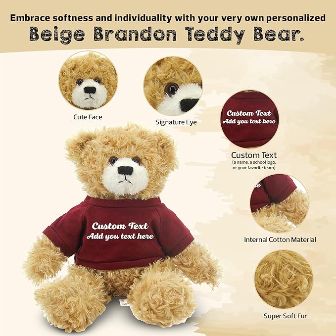 Customized Beige Brandon Bear - 12 inch Personalized Stuffed Bear Plush Toy - Perfect Custom Shirt Bear Gift for Graduation Valentines Graduation Easter Holidays (Mehroon Shirt)