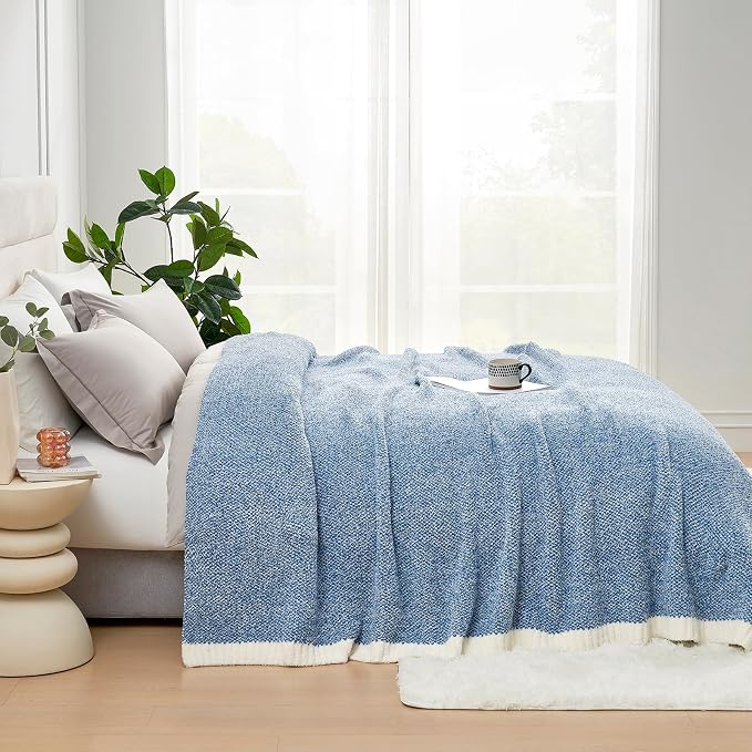 Snuggle Sac Queen Size Bed Blanket Heather Blue, Reversible Super Soft Microfiber Blankets Warm Cozy Knit Fuzzy Plush Bed Blankets, Blue, Queen 90x90