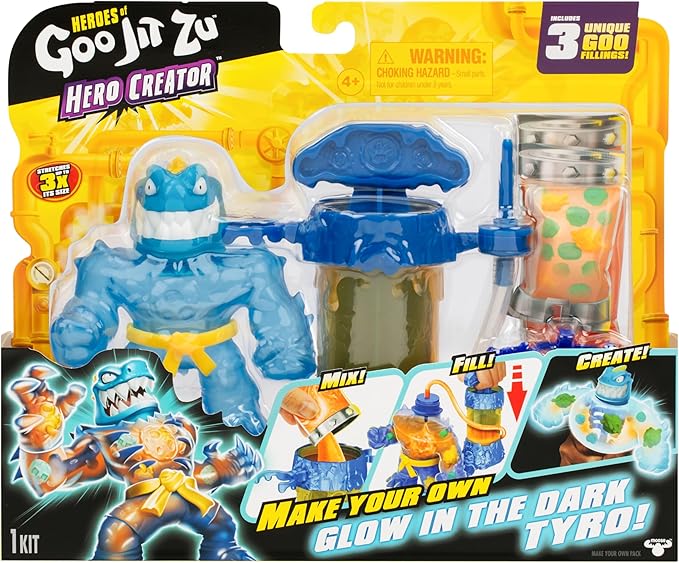 Heroes of Goo Jit Zu Hero Creator with 3 Unique Goo Fillings, Mix, Fill & Create Your Own Stretchy Glow-in-The-Dark Tyro Action Figure, Play Again and Again