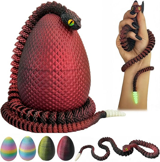 23" 3D Printed Snake with Egg - Flexible Snake with Luminous Tail, 3D Fake Snake Fidget Toys for Autism/ADHD, 3D Printed Animals Snake Toy for Kids & Adults (BlackRed)