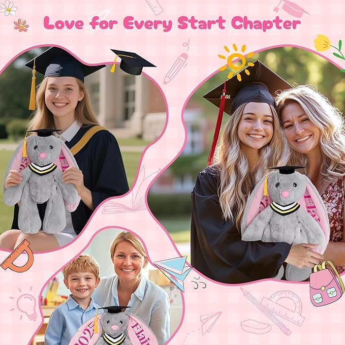 Custom Graduation Plush Bunny Gift 2025 for Her Him, Embroidered Bunny Graduation Stuffed Animal with Name for Kids Girls Boys, Kindergarten High School College Graduation Gifts