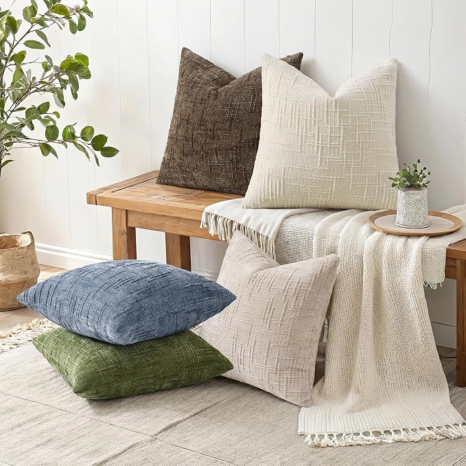 decorUhome Textured Chenille Throw Pillow Covers 24x24 Set of 2 Grey Blue | Fall Modern Farmhouse Soft Cozy Slubby Couch Pillow Cases Boho Decorative Pillow Cases for Bed Sofa Living Room Home Decor
