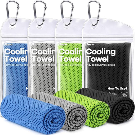 ROXUN 4 Pack Cooling Towels, 40''x12'' Soft Breathable Chilly Neck Ice Rags | Workout Running Golf Gray+Blue+Green+Black
