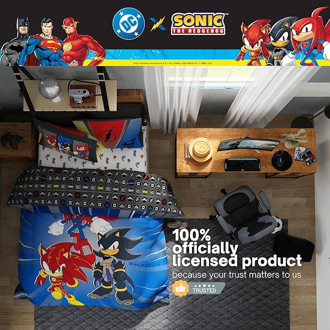 DC x Sonic The Hedgehog Kids Bedding Set, Full Size, 5-Piece Super Soft Cozy Reversible Comforter & Sheet Set (Officially Licensed Product) by Franco | Durable, Reversible, Officially Licensed