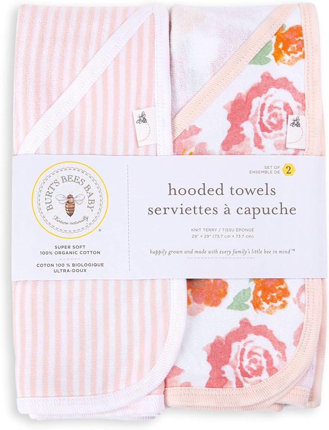 Burts Bees Baby Infant Hooded Towels Rosy Spring Organic Cotton, Unisex Bath Essentials and Newborn Necessities, Soft Nursery Towel with Hood Set, 2-Pack Size 29 x 29 Inch