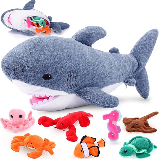 Zomiboo 18 Inch Great Shark Plush with 7 Pcs of Soft Stuffed Sea Animals Include Manta Ray, Seahorse, Crab, Clown Fish, Turtle, Octopus and Lobster, Gift for Friend
