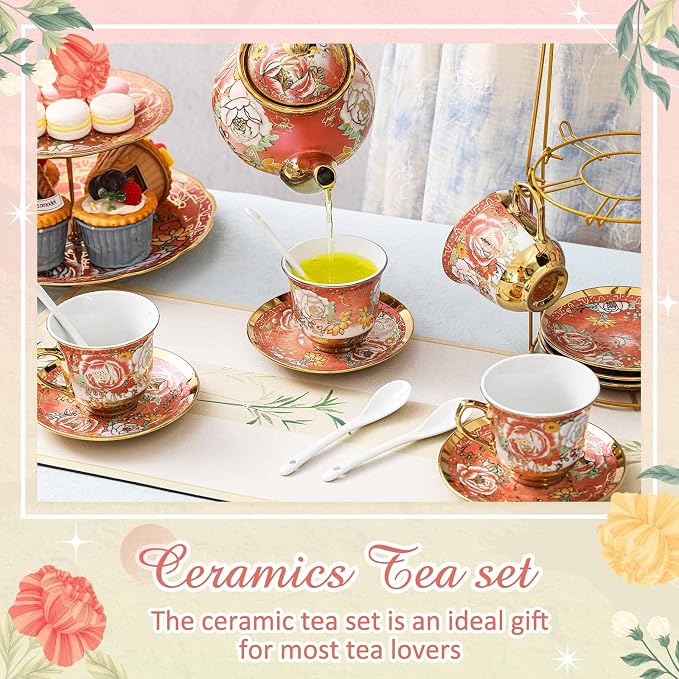 Maxcheck 21 Pcs Porcelain Tea Set for Women Tea Party with Metal Holder and 3 Tier Cake Stand Ceramic European Floral Teapot Set for Adults Mother's Day Christmas Thoughtful Gift(Romantic Style)