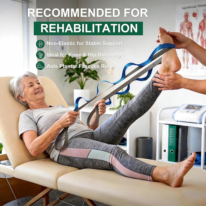 Acozycoo Stretching Strap with Loops,Non-Elastic Yoga Strap for Physical Therapy,Knee Replacement Recovery & Plantar Fasciitis,Leg Stretcher Band for Flexibility & Hamstring Rehab