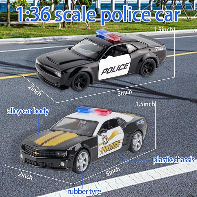 OTONOPI 2 Packs Police Car Toys, 1/36 Die Cast Metal Car Model American Cop Car for Collectible, Police Vehicles Toy Set Challenger and Camaro Pull Back 5 inch City Rescue for Kids Boy Girl Age 3-12