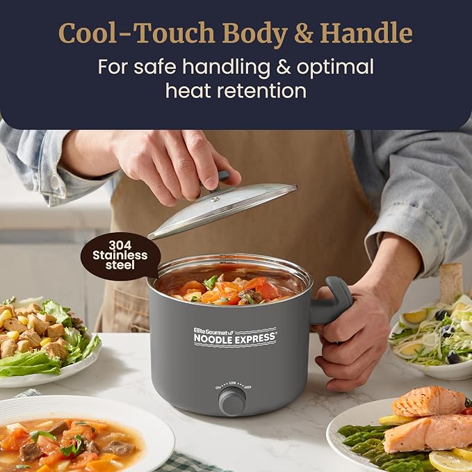 Elite Gourmet Noodle Express Electric Hot Pot, Stainless Steel, Grey | Prepares ramen, rice, soups & stews, boils water fast - glass lid - High/Low/Off settings