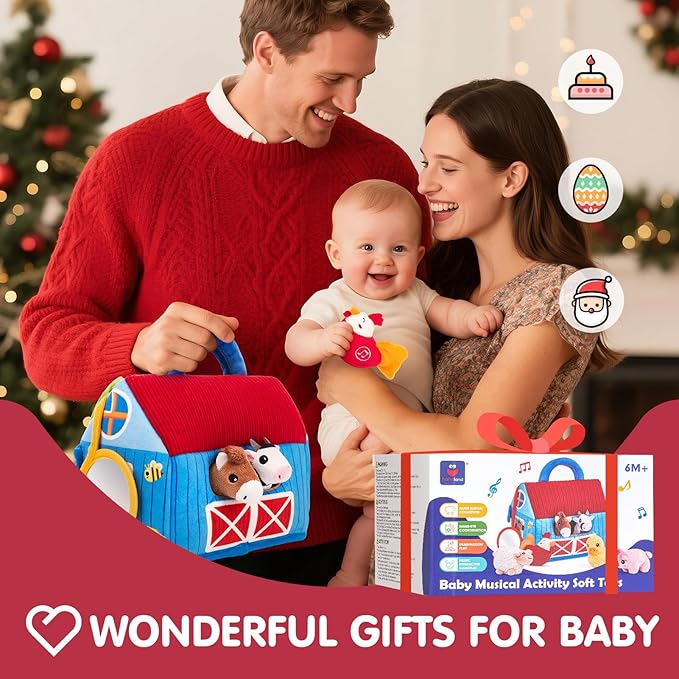 hahaland Baby Toys 6-12 Months - Surprise Barn with Stuffed Farm Animals with Real Sounds, Mirror- Montessori Toys for 6 Month Old Baby 1 Year Old Boy Girl Gifts Toddlers Sensory Toy