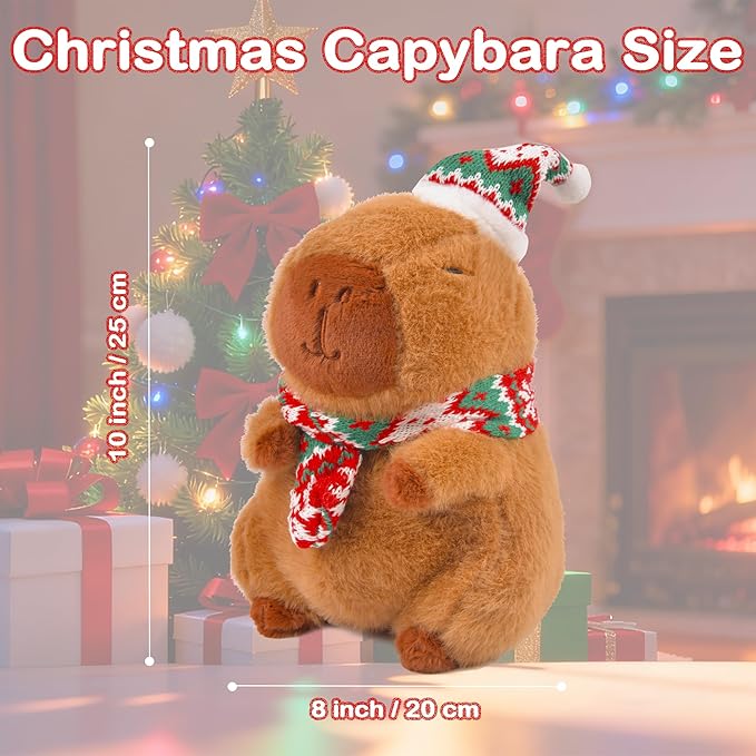 Christmas Capybara Stuffed Animal Plush, 10” Holiday Capybara Peluches with Santa Hat & Scarf, Cute Super Soft Funny Christmas Toy Gifts, Capybara Stuff Festive Decorations for Kids Boys Girls