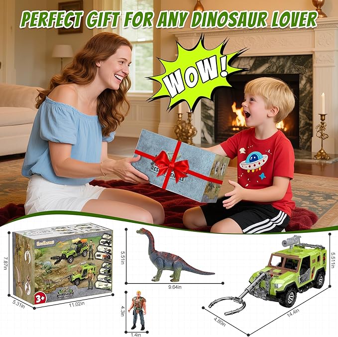 EKU Dinosaur Truck with 10 Sounds, Launcher, Wide-Mouth Fork, Human, Heads Moves Attack Brachiosaurus Figure, Push and Go Adventure Vehicle for Jurassic World Toys Pretend Play Gifts for Kids 3+