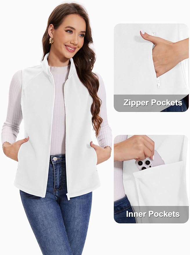 MAGCOMSEN Women's Fleece Vest with Zipper Pockets Zip Up Sleeveless Jackets Lightweight Soft Warm Polar Vest Outerwear