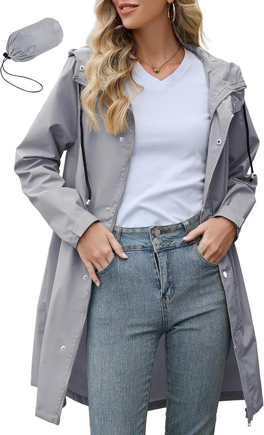 Zando Long Packable Rain Jacket Women Waterproof Raincoat with Hood | Relaxed-Fit Lightweight Windbreaker for Women; Travel Rain Coats for Commute, Hiking, Cruise, and Daily wear